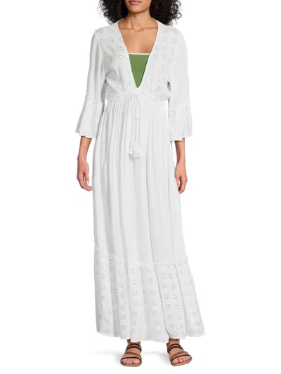 La Moda Clothing Women's Sequined Trim Cover-up Maxi Dress In White