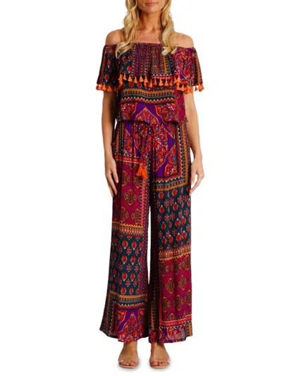 La Moda Clothing Women's Tassel-trim Off-shoulder Jumpsuit