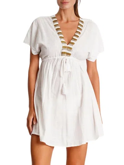 La Moda Clothing Women's Tasseled Cover-up Babydoll Dress In White
