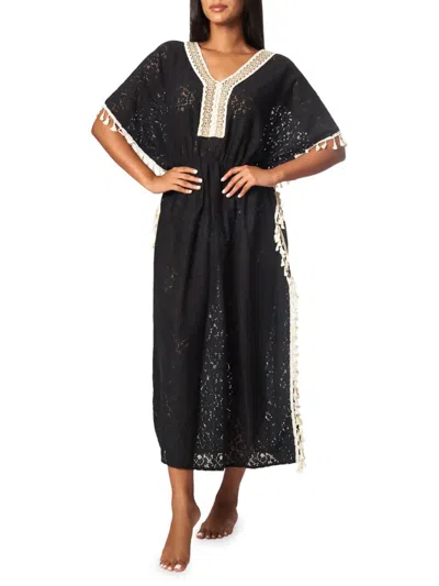 La Moda Clothing Women's V Neck Lace Cover Up Kaftan In Black