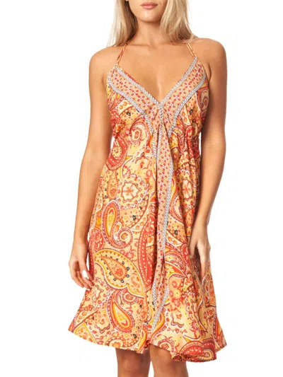 La Moda Clothing Women's V Neck Paisley Halter Dress In Orange Multicolor