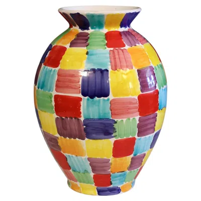 Pre-owned La Musa Large Vintage Italian  Pottery Vase Signed Cheerful 1980's Colorful 15" In Brown