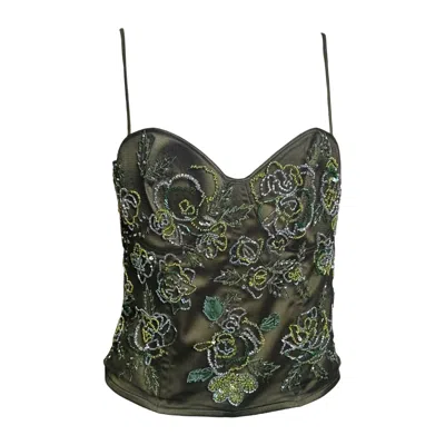 Pre-owned La Perla 1990s Olive Green Beaded Floral-embellished Corset Top