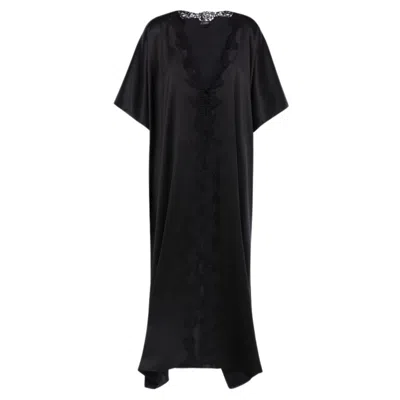 La Perla Black Long Silk Robe With Macram In ["black"]