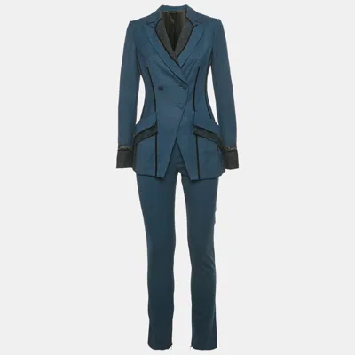 Pre-owned La Perla Blue Houndstooth Wool Lace Inserts Suit S