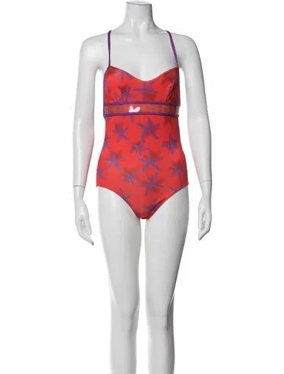 Pre-owned La Perla Floral Print Mesh Accents One-piece W/ Tags In Purple/red