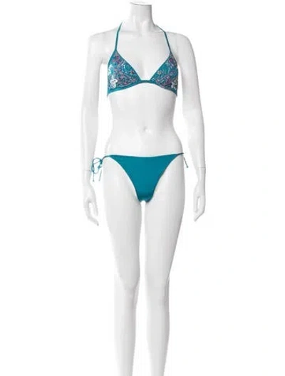 Pre-owned La Perla Floral Print Sequin Embellishments Bikini In Blue