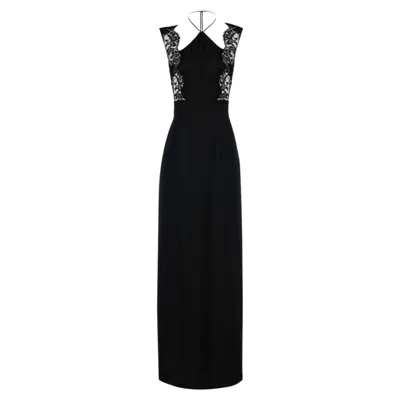 La Perla Halterneck Nightgown In Black Silk With Leavers Lace In ["black"]