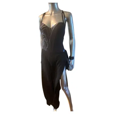 Pre-owned La Perla Italy Nwt Beaded Sexy Body Suit & One Leg Chiffon Pant Black Size 6