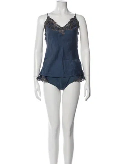 Pre-owned La Perla Lace Pattern Mesh Accents Lounge Set In Blue
