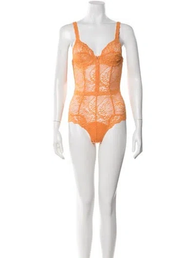 Pre-owned La Perla Lace Pattern V-neck Bodysuit In Orange