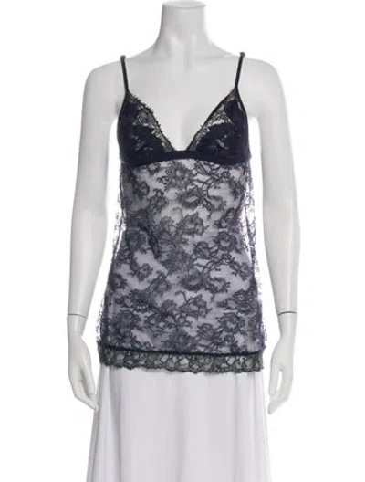 Pre-owned La Perla Lace Pattern V-neck Top In Green