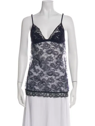 Pre-owned La Perla Lace Pattern V-neck Top In Green