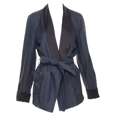 Pre-owned La Perla Navy Textured Chevron Jacquard Silk Satin Shawl Lapel Smoking Jacket In Blue