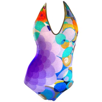 Pre-owned La Perla Nwt 1990s  Size 8 Op Art Halter Neck 90s One Piece Swimsuit / Bodysuit In Purple