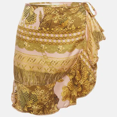 Pre-owned La Perla Pink/gold Floral Print Silk Wrap Skirt M