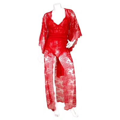 Pre-owned La Perla Runway Red Beaded Lace Lingerie Bodysuit & Robe Set