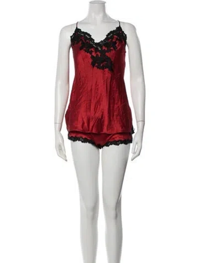 Pre-owned La Perla Satin Lace Pattern Pajamas In Red
