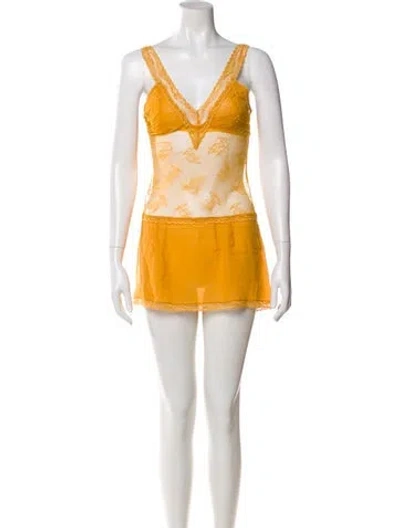 Pre-owned La Perla Silk Lace Trim Embellishment Pajamas In Yellow