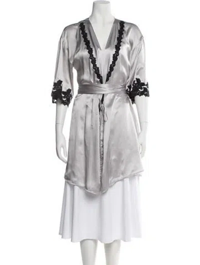 Pre-owned La Perla Silk Lace Trim Embellishment Robe In Silver