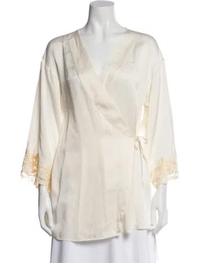 Pre-owned La Perla Silk Lace Trim Embellishment Robe In White