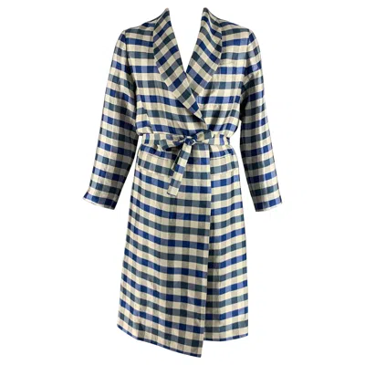 Pre-owned La Perla Size L Blue Off White Checkered Silk Linen Belted Robe