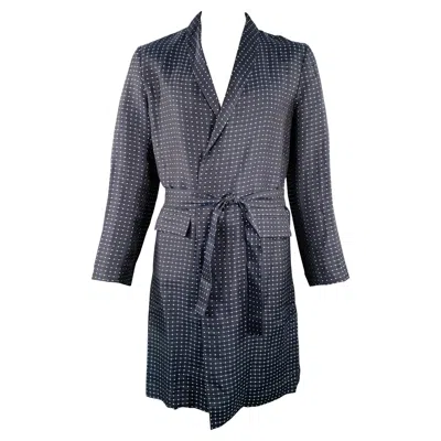 Pre-owned La Perla Size L Navy White Dots Linen Silk Shawl Collar Robe