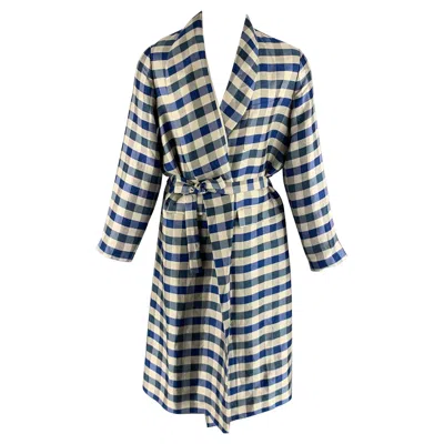 Pre-owned La Perla Size M Blue Off White Checkered Silk Linen Belted Robe