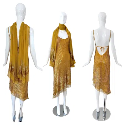 Pre-owned La Perla Vintage Marigold Embellished Slip Dress W. Sequin Shawl In Brown