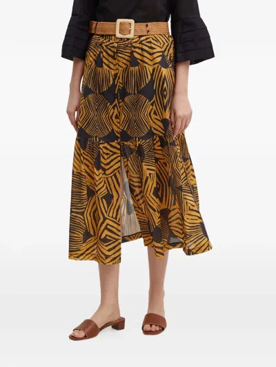 La Petite Française Jabot Geometric-print Midi Skirt In Brown