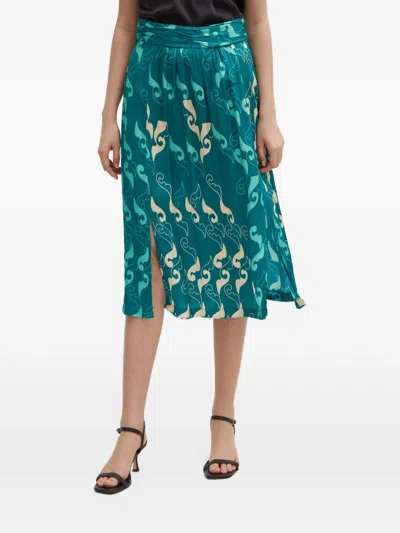 La Petite Française Judo Printed Split Midi Skirt In Green