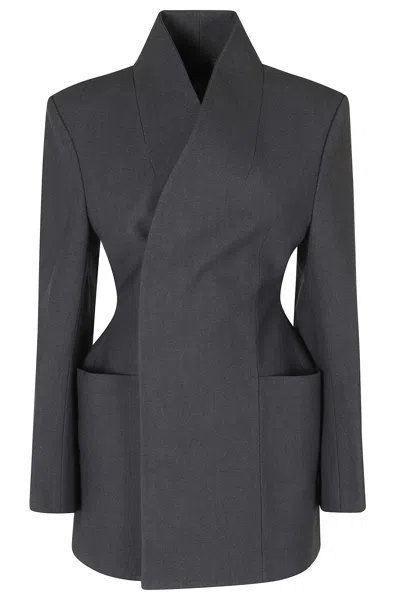 La Piscine Sculpted Black Blazer With Mandarin Collar And Cut-out Details