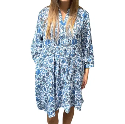 La Plage Vineyard Dress In Vine Chinois Print White/ Blue In Multi