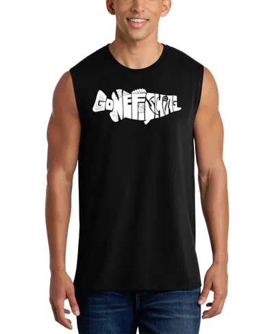 La Pop Art Men's Gone Fishing Typography Graphic Tank Top In Black