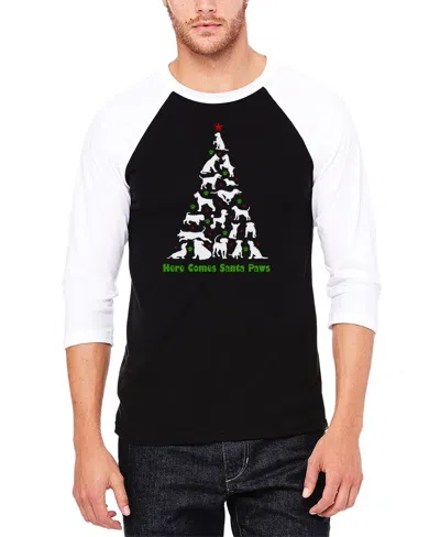 La Pop Art Men's Here Comes Santa Paws Raglan Baseball Word Art T-shirt In Black,white