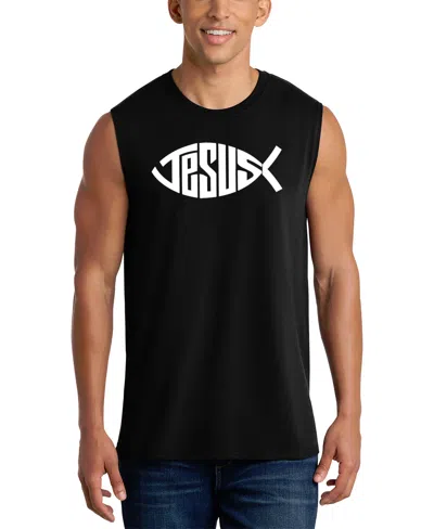 La Pop Art Men's Jesus Fish Typography Symbol Design Tank Top In Black