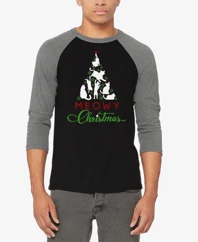 La Pop Art Men's Meowy Christmas Tree Raglan Baseball Word Art T-shirt In Grey,black