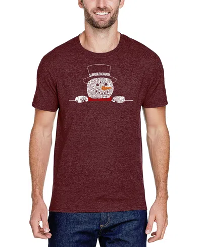 La Pop Art Men's Peeking Snowman Christmas Word Art T-shirt In Burgundy