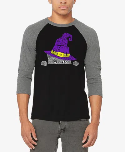 La Pop Art Men's Peeking Witch Cat Raglan Baseball Word Art T-shirt In Grey,black