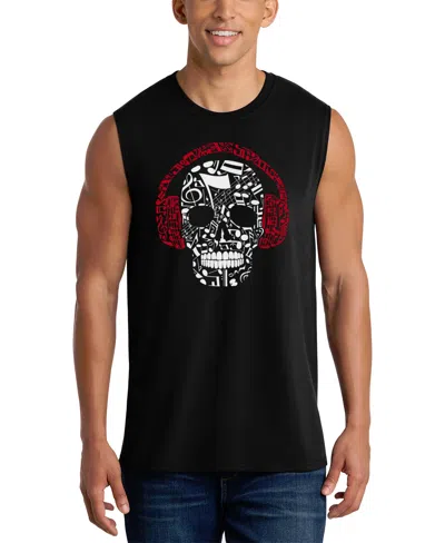 La Pop Art Men's Skull With Headphones Music Word Art Graphic Tank Top In Black