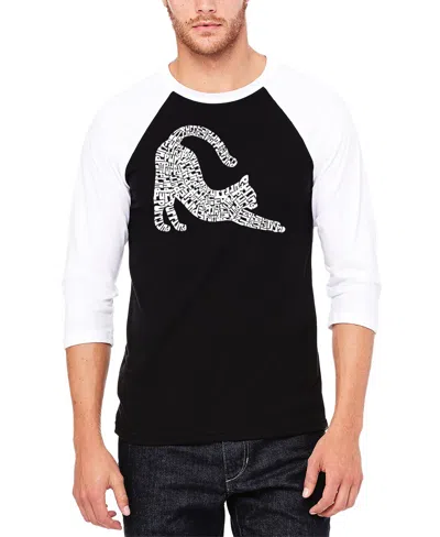 La Pop Art Men's Stretching Cat Raglan Baseball Word Art T-shirt In Black,white