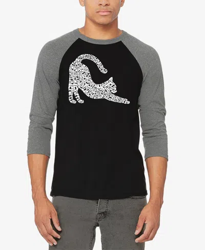 La Pop Art Men's Stretching Cat Raglan Baseball Word Art T-shirt In Grey,black