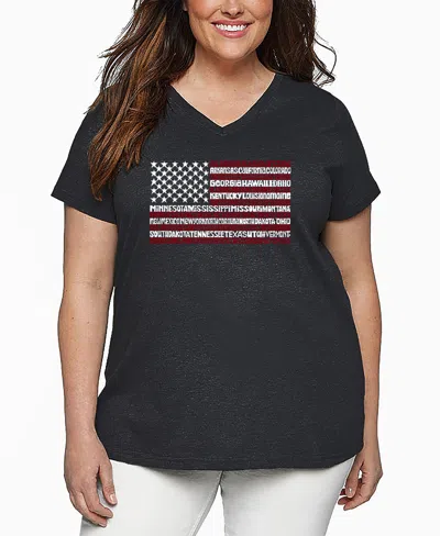 La Pop Art Plus Size 50 States Usa Flag Word Art V-neck T-shirt In Gray
