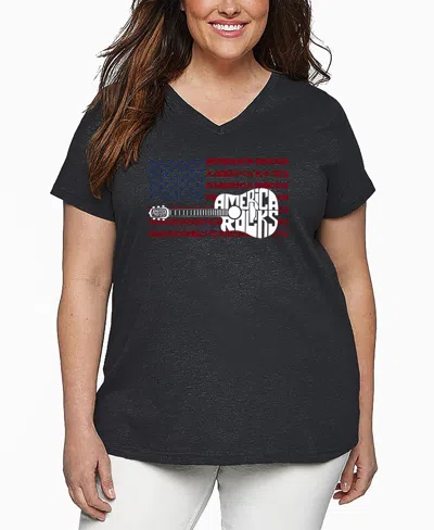 La Pop Art Plus Size America Rocks Word Art V-neck T-shirt In Gray