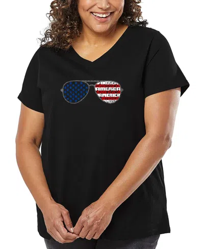 LA POP ART PLUS SIZE AMERICANA SUNGLASSES WORD ART V-NECK T-SHIRT