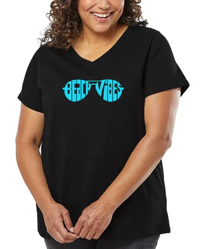 LA POP ART PLUS SIZE BEACH VIBES WORD ART V-NECK T-SHIRT