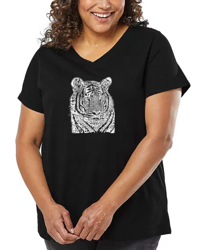 LA POP ART PLUS SIZE BIG CATSWORD ART V-NECK T-SHIRT