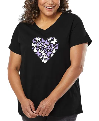 La Pop Art Plus Size Butterfly Heart Word Art V-neck T-shirt In Black