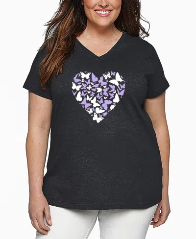 La Pop Art Plus Size Butterfly Heart Word Art V-neck T-shirt In Black