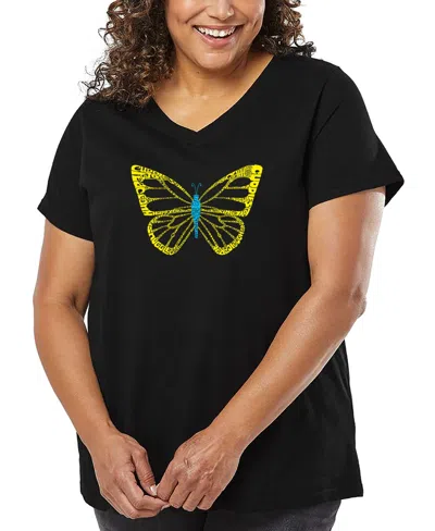 La Pop Art Plus Size Butterfly Word Art V-neck T-shirt In Black